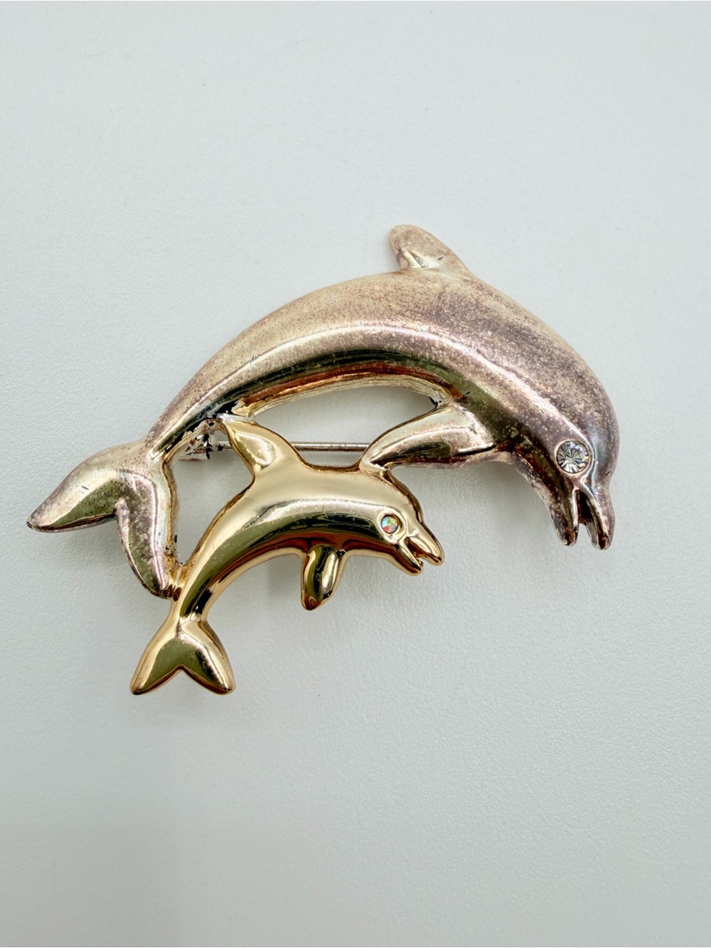 Vintage AAI Dolphin Brooch Silver & Gold Tone Rhinestone & AB Stone